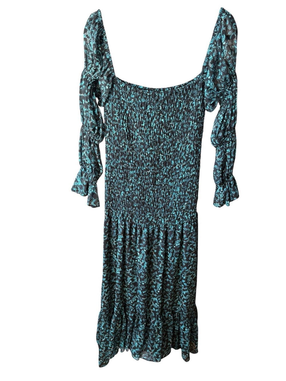 Misa Los Angeles Rashida Midi Dress Teal Black Paisley Smocked Size Large NWT